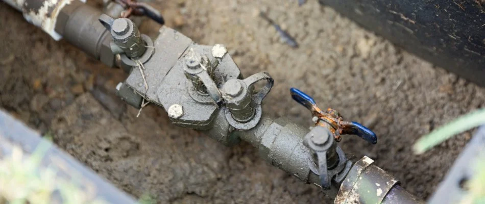 Backflow prevention device of an irrigation system in Cary, NC.