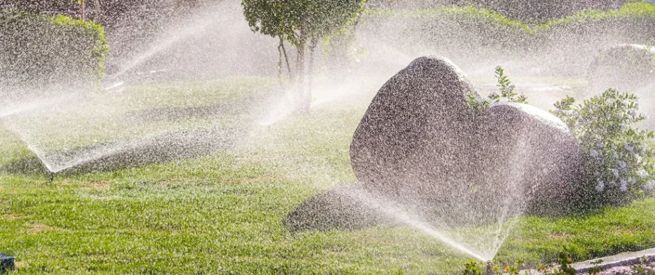 Irrigation system spraying water on grass and plants on a property in Cary, NC.