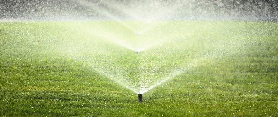 Irrigation sprinklers spraying water on lawn in Cary, NC.